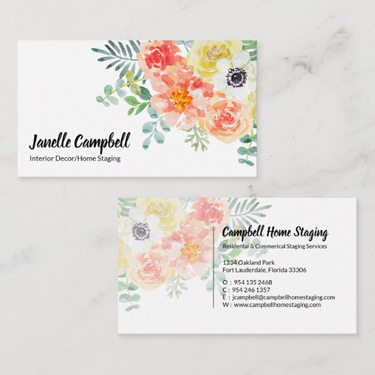 美しいエレガント水彩フローラ名刺 名刺 (正面/裏面)