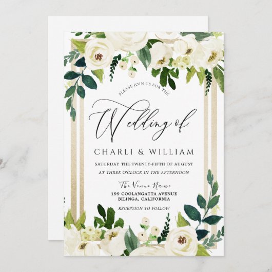 美しいエレガント白フローラ金ゴールド結婚の 招待状 (正面/裏面)