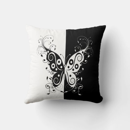 美しいエレガント白黒の蝶の渦巻き クッション (裏面)