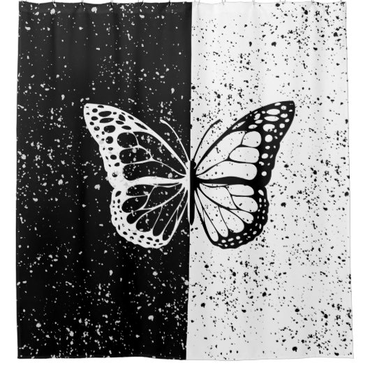 美しいエレガント蝶白黒デイナイト シャワーカーテン (正面)