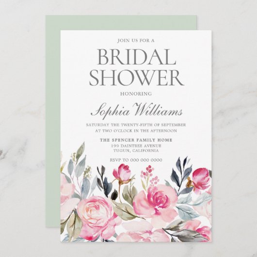 美しいエレガント赤面フラワーズブライダルシャワー 招待状 (正面/裏面)