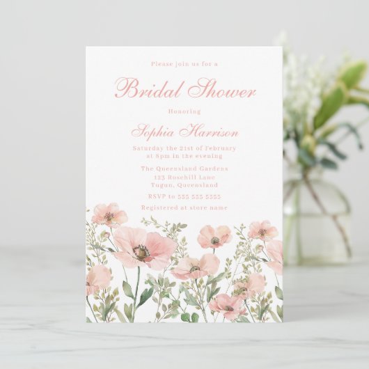 美しいエレガント赤面ワイルドフラワーブライダルシャワー 招待状 (スタンド正面)