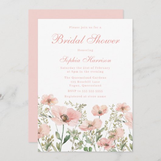 美しいエレガント赤面ワイルドフラワーブライダルシャワー 招待状 (正面/裏面)