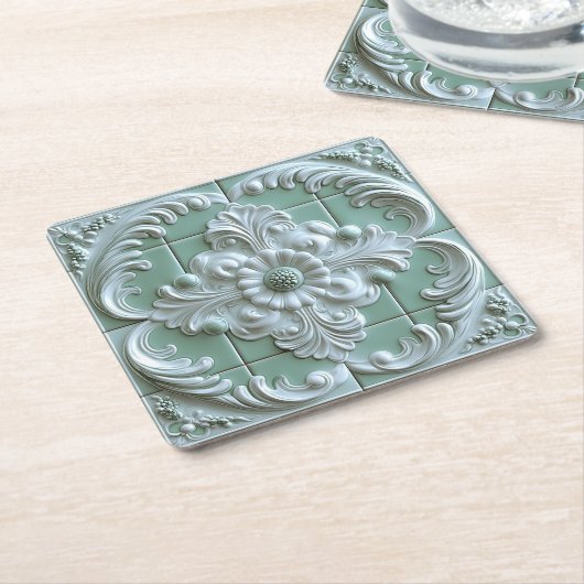 美しいエンボスタイルホワイトライトグリーン スクエアペーパーコースター (アングル)