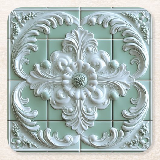 美しいエンボスタイルホワイトライトグリーン スクエアペーパーコースター (正面)