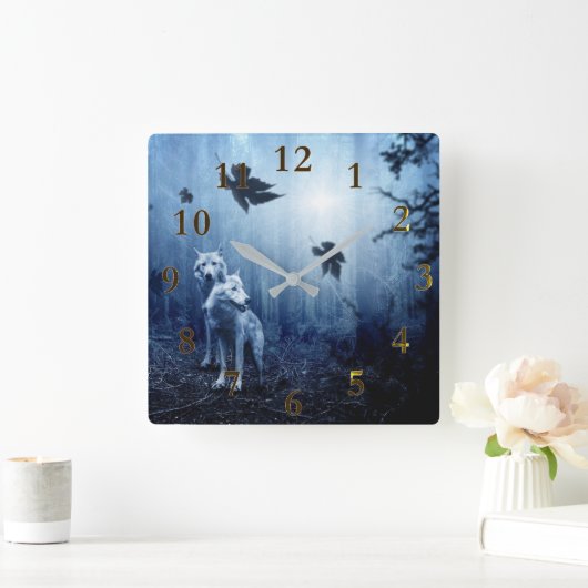 美しいオオカミの魂動物の森 スクエア壁時計 (ホーム)
