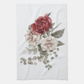 美しいオフホワイト&レッドローズフローラブーケ キッチンタオル (縦)