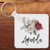 美しいオフホワイト&レッドローズフローラブーケ キーホルダー (正面)