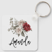 美しいオフホワイト&レッドローズフローラブーケ キーホルダー (裏面)