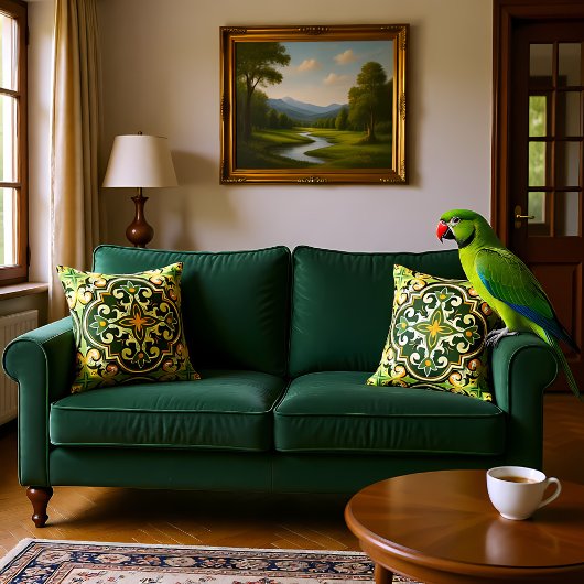 💚💛美しいオリーブと黄色のアズレホス クッション