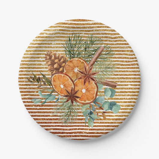 美しいオレンジのスライス松の花束クリスマス ペーパープレート (正面)