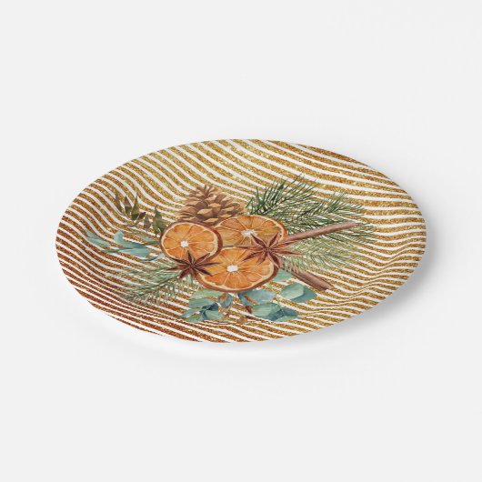 美しいオレンジのスライス松の花束クリスマス ペーパープレート (アングル)
