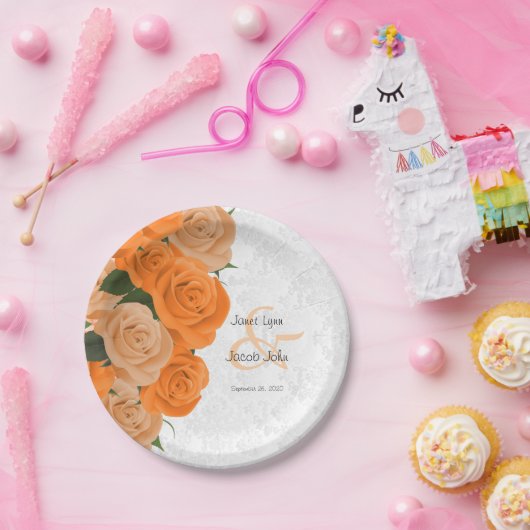 美しいオレンジのバラと白のダマスコウェディング ペーパープレート (パーティー)