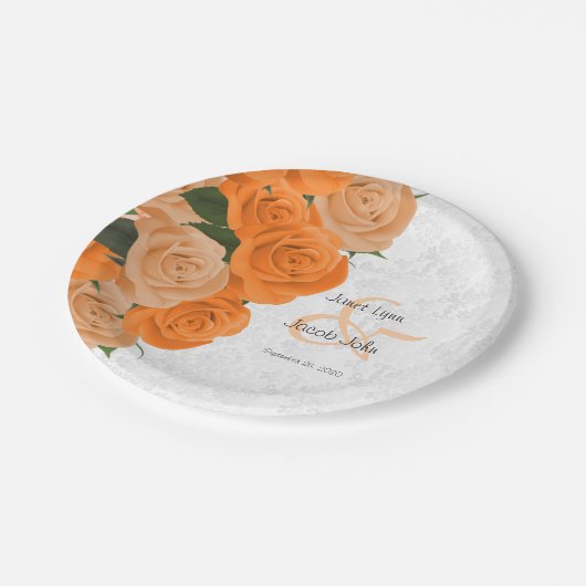 美しいオレンジのバラと白のダマスコウェディング ペーパープレート