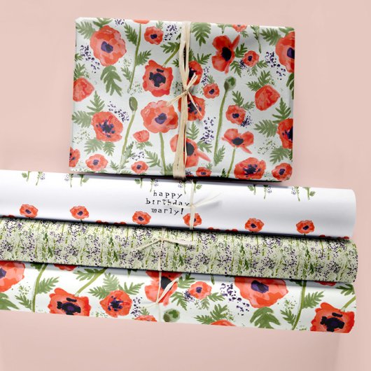 美しいオレンジの水彩ポピー花 ラッピングペーパーシート