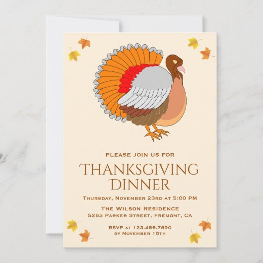美しいオレンジターキーサンクスギビングディナーパーティー 招待状 (正面)
