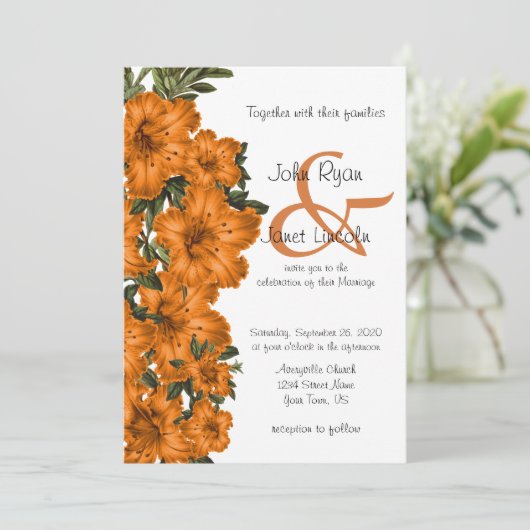 美しいオレンジリリー花の結婚式招待状 招待状 (スタンド正面)