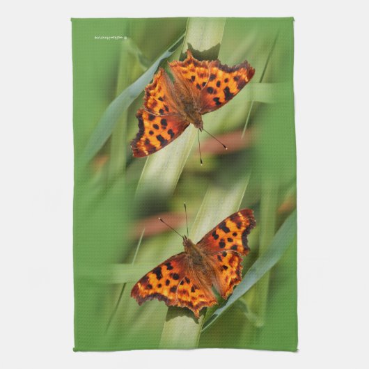 美しいオレンジ色のサティエのコンマ蝶 キッチンタオル (縦)