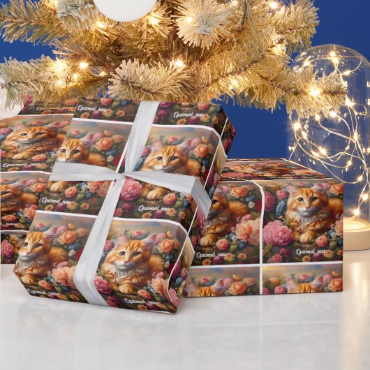 美しいオレンジ色のタビー猫と花 ラッピングペーパー (クリスマス)