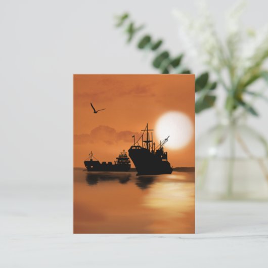 美しいオレンジ色の夕焼けの船鳥イラストレーション ポストカード (スタンド正面)