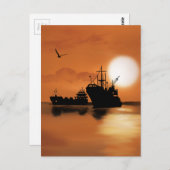 美しいオレンジ色の夕焼けの船鳥イラストレーション ポストカード (正面/裏面)