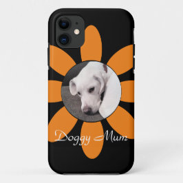 美しいオレンジ色の花枠可愛い子犬の黒 iPhone 11 ケース