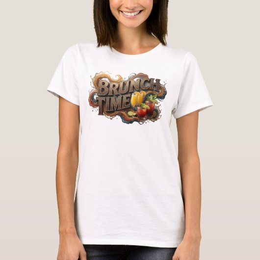 美しいオレンジ色のBRUNCH TIMEプリント Tシャツ (正面)