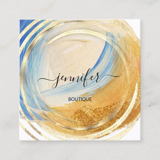 美しいオーガニックショップQRコードロゴブルー金ゴールド絵を描 スクエア名刺 (正面)