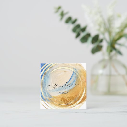 美しいオーガニックショップQRコードロゴブルー金ゴールド絵を描 スクエア名刺 (スタンド正面)