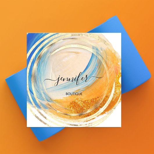 美しいオーガニックショップQRコードロゴブルー金ゴールド絵を描 スクエア名刺