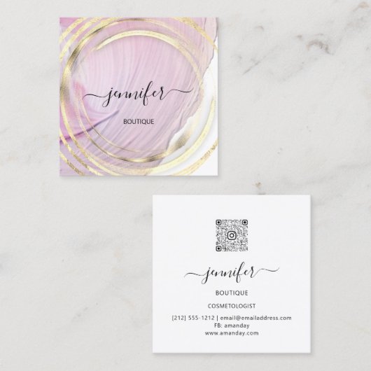 美しいオーガニックバイオショップQRロゴソープピンク金ゴールド スクエア名刺 (正面/裏面)