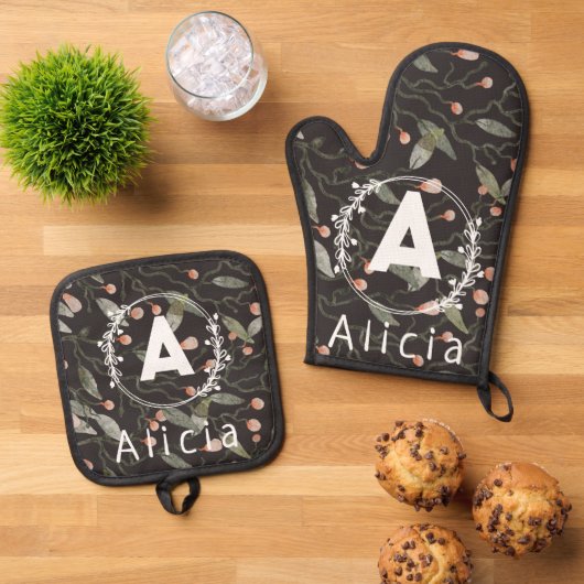 美しいカスタムイニシャル名花柄 鍋つかみ&鍋敷きセット (トップダウン)