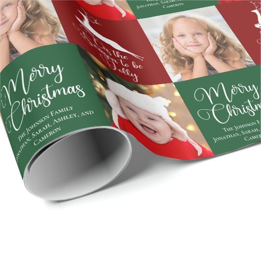 美しいカスタムクリスマスフォトファミリーレッドグリーン ラッピングペーパー (ロールコーナー)