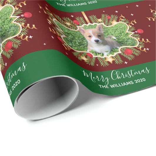 美しいカスタムペットのクリスマスレッドグリーンフォトドッグ ラッピングペーパー (ロールコーナー)
