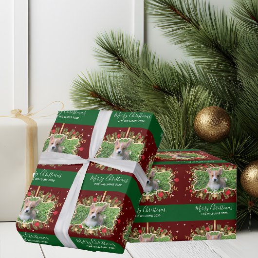 美しいカスタムペットのクリスマスレッドグリーンフォトドッグ ラッピングペーパー