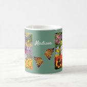 美しいカスタム文字の花と昆虫のコラージュ コーヒーマグカップ (中央)