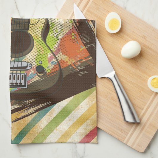美しいカッコいいヴィンテージギターの音符 キッチンタオル (四つ折り)