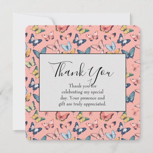 美しいカラフルな蝶のプリントをありがとう サンキューカード (正面)