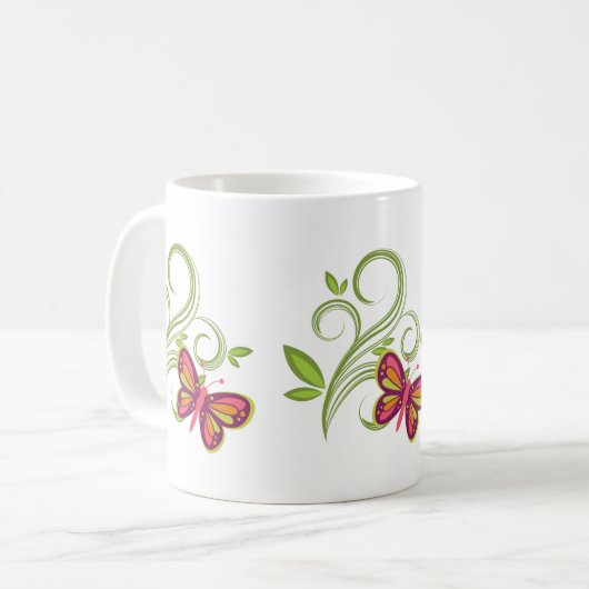 美しいカラフルの蝶、つる植物と離れ コーヒーマグカップ (正面左)