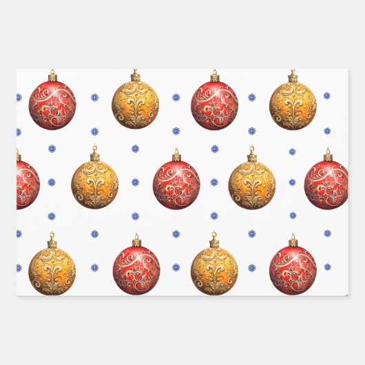 美しいカラフルクリスマスオーナメントオンホワイト ラッピングペーパーシート (正面)