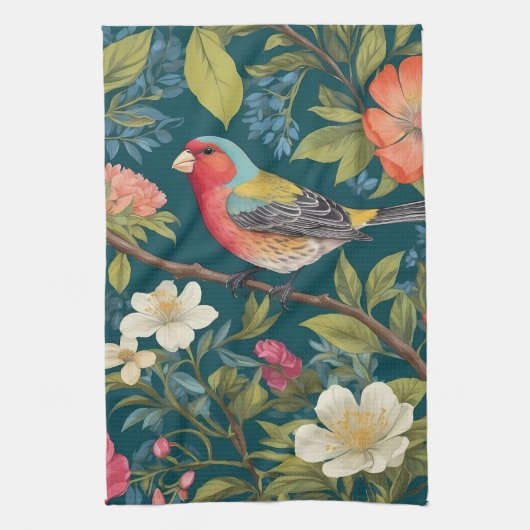 美しいカラフルフィンチの鳥の植物 キッチンタオル (縦)