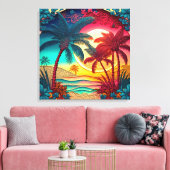 美しいカラフルヤシの木のビーチハウス キャンバスプリント (インサイチュ (リビング))
