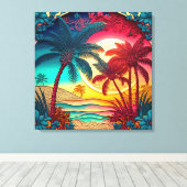 美しいカラフルヤシの木のビーチハウス キャンバスプリント (インサイチュ (ウッドフロア))