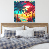 美しいカラフルヤシの木のビーチハウス キャンバスプリント (インサイチュ (寝室))