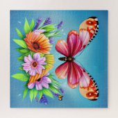 美しいカラフル水彩蝶と花 ジグソーパズル (横)