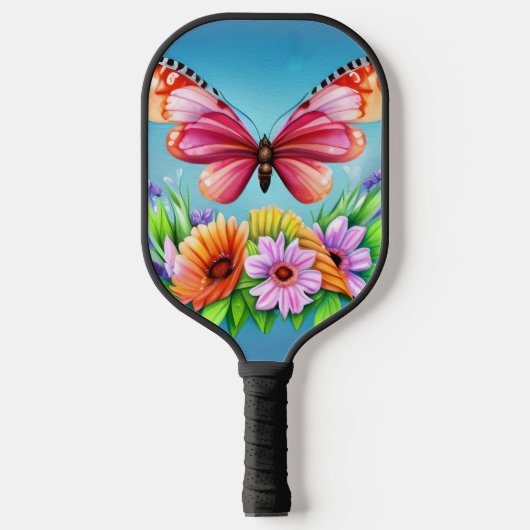 美しいカラフル水彩蝶と花 ピックルボールラケット (正面)