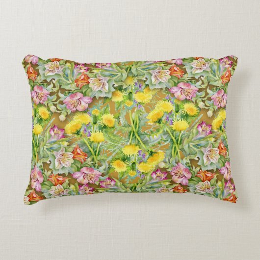 美しいカラフル花柄ピンク黄色 アクセントクッション (正面)