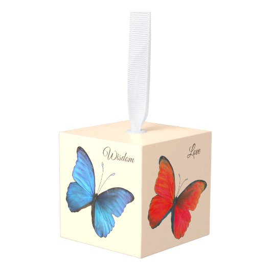 美しいカラフル蝶と書道 キューブオーナメント (正面アングル)