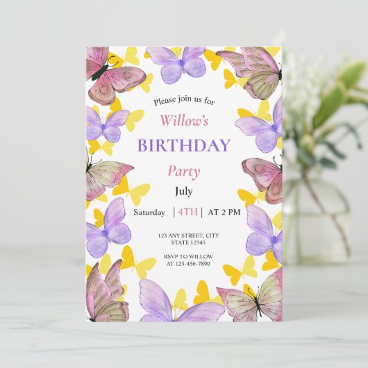 美しいカラフル蝶の誕生日パーティー 招待状 (スタンド正面)