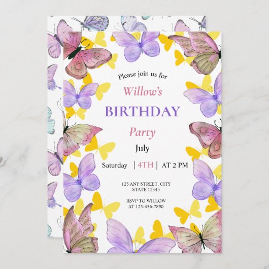 美しいカラフル蝶の誕生日パーティー 招待状 (正面/裏面)